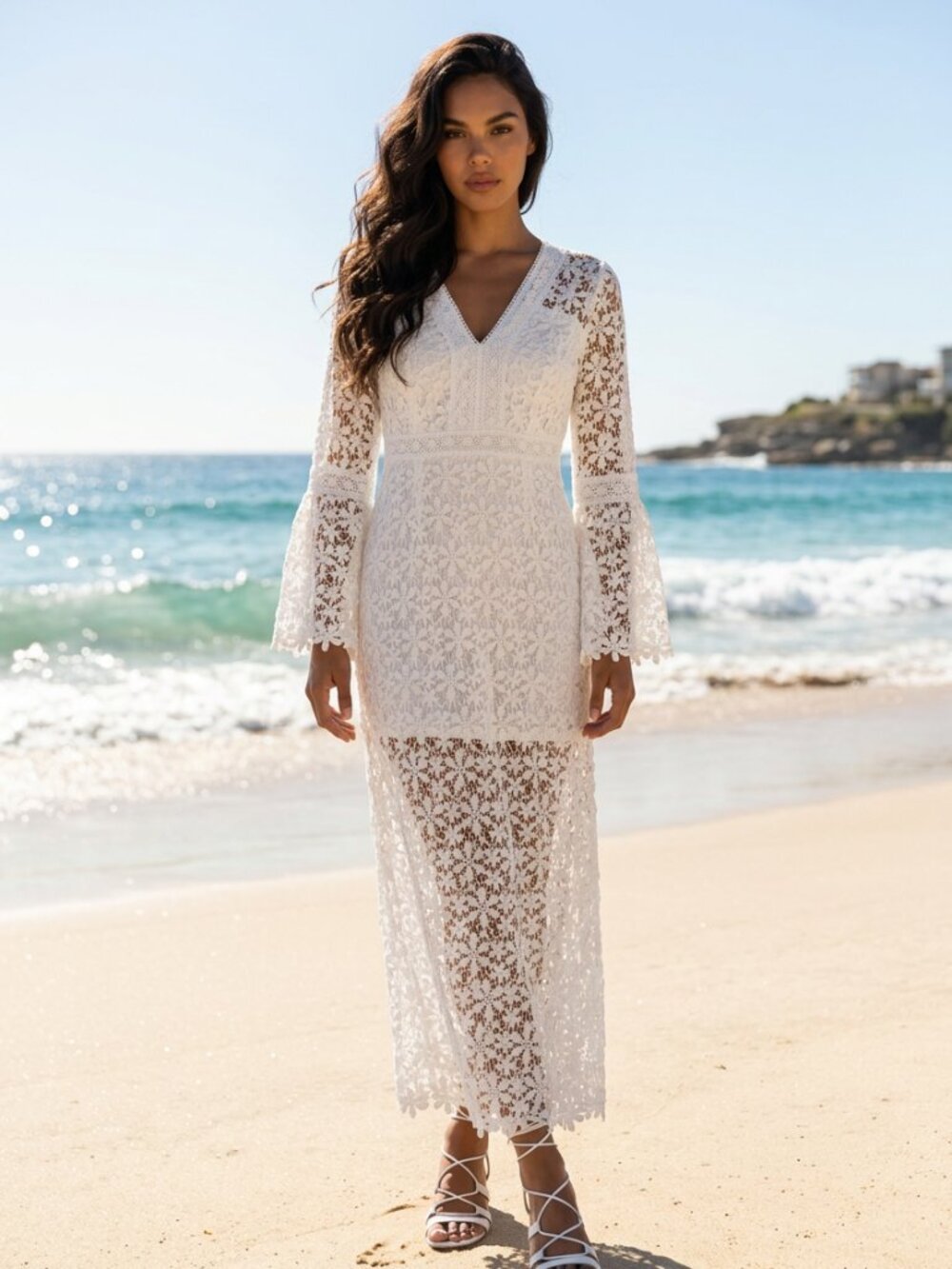 White Lace V-Neck Midi Dress